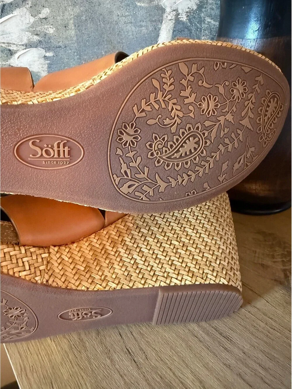 Söfft Women's Cognac Leather Wedge Sandals Size 11M Tan